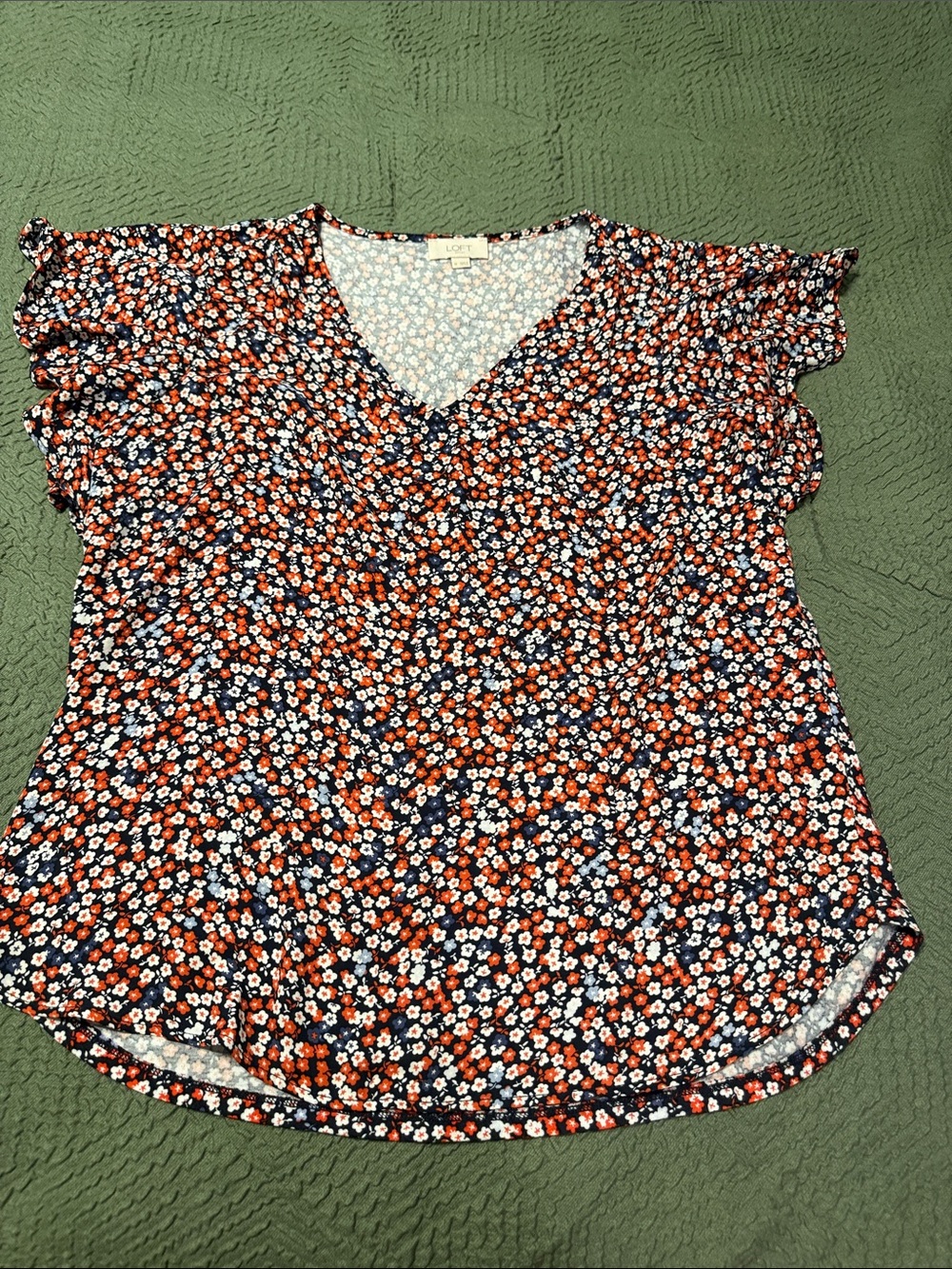 LOFT Navy Floral V-Neck Flutter Sleeve Top with Red & White Blooms